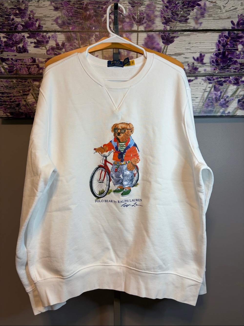 Polo by Ralph Lauren White Fleece Crewneck Sweatshirt with Printed Polo Bear - Picture 2 of 8